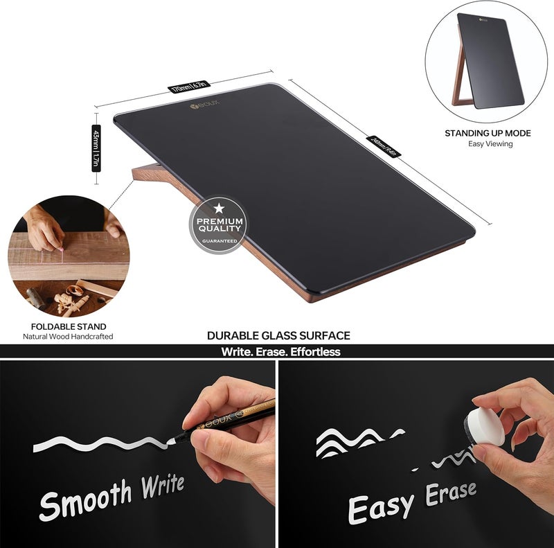 YEOUX Desktop Black Glass Dry Erase Whiteboard with Reversible Wood Stand, Small Portable White Board Easel for Desk, Reusable Desk Notepad 9.5"x6.7" for Office, Home, School, Marker&Eraser Included, - Image 3